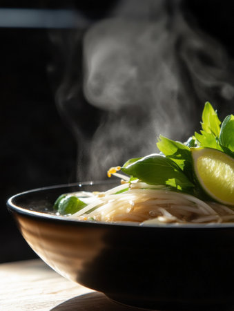 A steaming bowl of pho filled with rich broth, rice noodles, and topped with vibrant fresh herbs, lime, and bean sprouts, creating a comforting dish.の素材