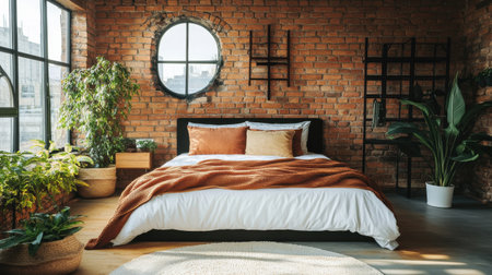 This loft bedroom features exposed brick walls, large windows allowing natural light, and a cozy bed adorned with warm-toned cushions. Indoor plants enrich the space's atmosphere.の素材
