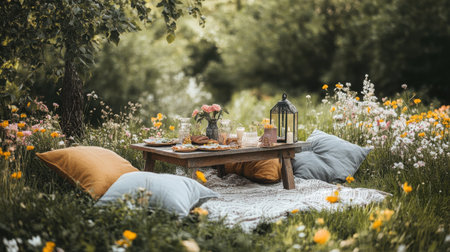 Cushions create a comfortable seating area for a spring picnic on a blanket, featuring a low table adorned with treats, flowers, and soft lighting amidst blooming wildflowers.の素材