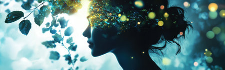 A woman emanates a soft glow as she is surrounded by mystical foliage. The enchanting light creates a serene atmosphere, highlighting her peaceful demeanor while nature envelops her.の素材