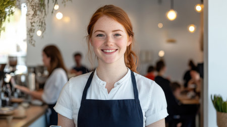 A smiling young woman with fair skin shines with positivity while serving customers in a bustling cafe. She engages with visitors, creating a welcoming atmosphere.の素材