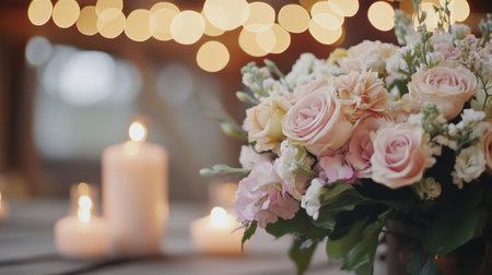 This rustic barn wedding features delicate floral arrangements in soft pink tones and glowing candlelight, creating a warm and enchanting atmosphere for the celebration.の素材