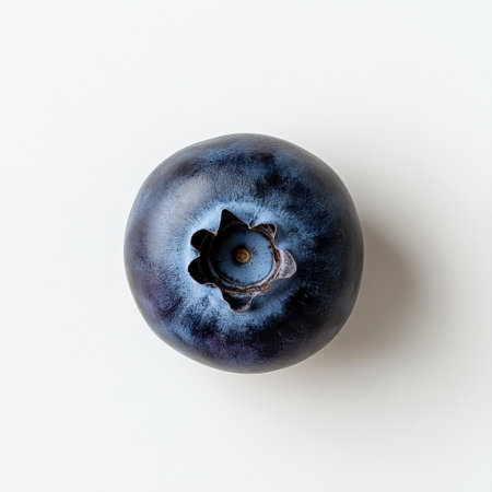 A single ripe blueberry rests on a smooth white background, highlighting its rich blue hue and round shape. The surface is glossy, emphasizing the fruit's freshness.の素材