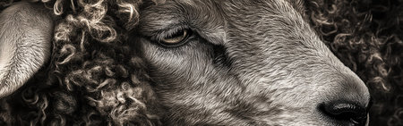 This striking close-up reveals the intricate details of a sheep's face, showing its curly wool, shiny black nose, and calm, curious eyes under gentle sunlight in a serene environment.の素材