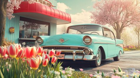 A charming vintage car in pastel color is parked next to a cozy diner. Bright tulips bloom nearby, creating a picturesque setting on a sunny afternoon with soft light filtering through trees.の素材