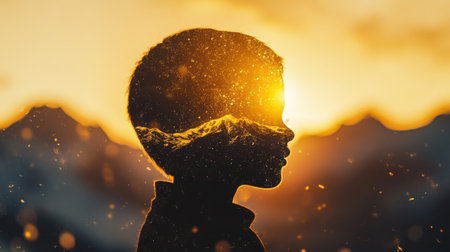 A silhouette of a child glows against a vibrant sunset backdrop, merging with a majestic mountain landscape. The magical scene evokes wonder and imagination.の素材