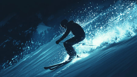 Skiers carve through fresh snow under moonlight, creating vivid sprays of snow. The serene mountain backdrop enhances the thrill of this evening sport.の素材