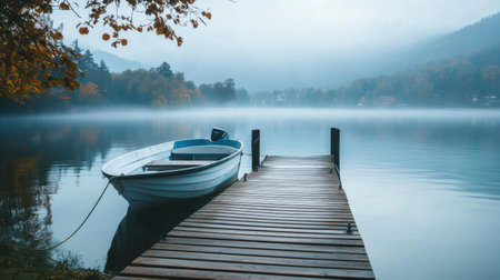 A small boat rests peacefully by a wooden pier at dawn, reflecting the calm waters of a lake embraced by foggy mountains and autumn foliage, creating a serene atmosphere.の素材