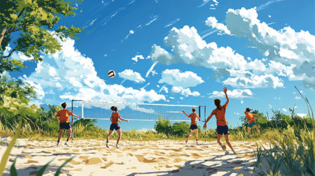 A lively group of friends play beach volleyball under a brilliant blue sky with fluffy clouds. The sandy court is surrounded by greenery, creating a perfect summer atmosphere.の素材