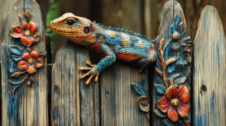 A colorful lizard rests on a wooden fence, adorned with detailed carvings of flowers and leaves. The vibrant colors of its scales contrast beautifully with the rustic backdrop.の素材