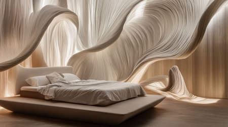 A spacious bedroom showcases a minimalist bed with soft white lines against a stunning backdrop of flowing curtains. Soft lighting enhances the serene ambiance, creating a tranquil retreat.の素材