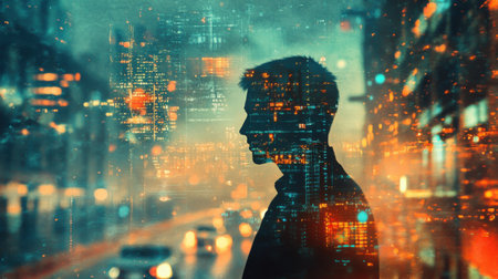 A detailed silhouette of a man is set against a mystical city backdrop. The urban landscape features bright lights and abstract patterns, creating a captivating contrast at dusk.の素材