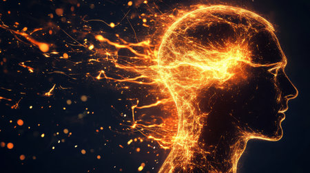 A mystical depiction shows a man's profile filled with vibrant energy that radiates outward, creating a striking contrast against a dark background.の素材