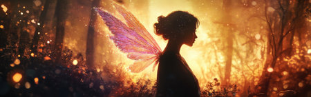 In a tranquil forest at twilight, a woman with delicate butterfly wings radiates a soft glow.の素材