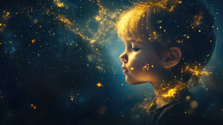 A child with closed eyes radiates a soft glow, enveloped in a cosmic atmosphere filled with twinkling stars and shimmering lights, creating a peaceful ambiance.の素材