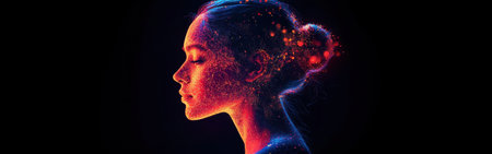 A woman is portrayed in side profile, radiating vibrant colors and glowing cosmic patterns. She stands against a dark backdrop, emphasizing her ethereal presence and mystical aura.の素材