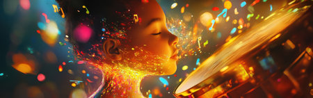 In a captivating display, a child radiates colorful light and sparkles while listening to music, surrounded by floating notes that enhance the enchanting atmosphere.の素材