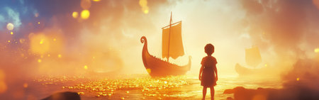 A child stands mesmerized, glowing against a backdrop of shimmering waters and mystical ships during twilight, creating an enchanting atmosphere filled with adventure.の素材