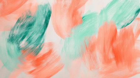 Swirling forms in mint green and coral paint intertwine on a smooth surface, creating a lively abstract display. The dynamic strokes suggest movement and texture.の素材