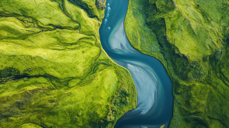 A winding river gracefully cuts through a vibrant green valley, showing the stunning contrast between the water and the surrounding landscape under clear skies.の素材