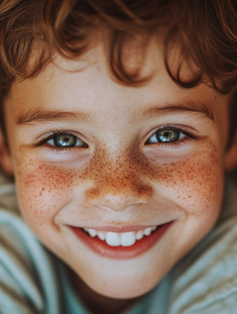 A close-up of a joyful child showcases a big smile with prominent freckles. The warm sunlight highlights the child's sparkling eyes, reflecting happiness in a garden.の素材