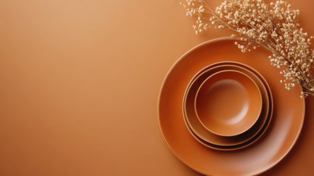 Stacked amber bowls create a harmonious focus, complemented by delicate dry flowers resting nearby. This elegant design showcases warm tones and subtle gradients, evoking tranquility.の素材