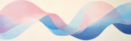 Curved shapes in soft blue and pink hues blend seamlessly, forming a tranquil gradient. Delicate pencil strokes enhance the serene effect, inviting calmness and relaxation.の素材