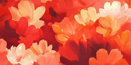 This artwork showcases an abstract floral texture, intertwining shades of red, orange, and white, evoking a sense of warmth and vitality found in nature during spring's peak.の素材