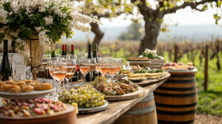 Guests savor a selection of fine wines and gourmet dishes at a vibrant outdoor event surrounded by blooming flowers and lush vineyards. The atmosphere is lively and inviting.の素材