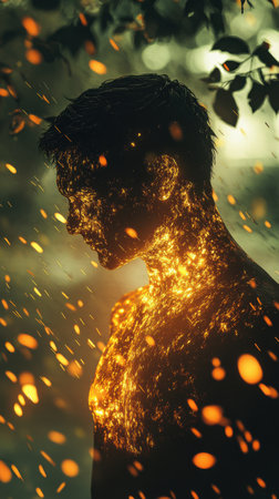 A man stands in a lush forest, emitting a warm glow that illuminates his figure. Surrounding him are vibrant leaves falling gently, creating a tranquil atmosphere.の素材