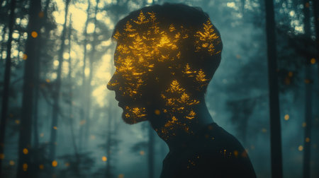 A man's profile is intricately filled with luminous forest details, capturing a magical atmosphere in a serene wooded area as dusk falls. The scene blends nature with introspection.の素材