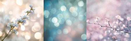 Delicate blossoms in pale lavender and mint green overlay a dreamy bokeh background, evoking a tranquil spring atmosphere filled with soft hues and gentle light.の素材