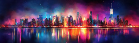 A stunning view of a city skyline at twilight, where tall buildings are illuminated by vibrant colors. The reflections shimmer on the calm water, creating a mesmerizing atmosphere.の素材