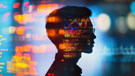 A confident trader's silhouette merges with dynamic financial numbers and chart tradings, representing the energy of the market. The composition reflects innovation in trading.の素材