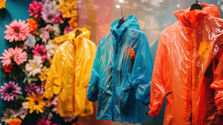 Fashionable raincoats crafted from recycled plastic bottles hang against a lively spring backdrop adorned with colorful flowers, highlighting sustainability and style.の素材