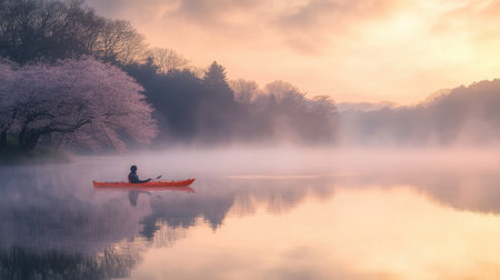 At dawn, a lone kayaker paddles gently across a misty spring lake, surrounded by tranquil water and reflections of blossoming trees. A peaceful moment of solitude and nature.の素材