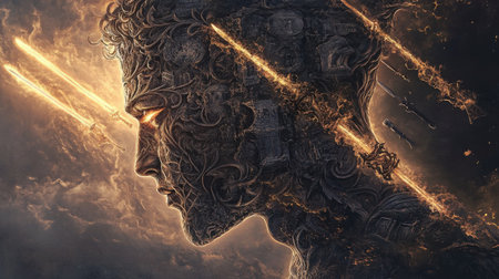 This artwork presents a man's profile intricately filled with glowing medieval swords and detailed stone carvings. The depiction radiates strength, tradition, and an otherworldly essence.の素材