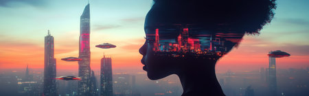 A child's silhouette captures a stunning futuristic cityscape illuminated under a twilight sky. Radiant skyscrapers emerge from the silhouette, adding a magical quality, while vehicles hover around.の素材