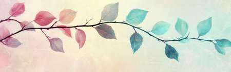 Floating branches display leaves in serene gradients of turquoise and magenta, creating a tranquil effect over a soft pastel background featuring subtle geometric textures.の素材