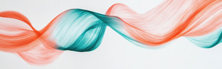 Pencil strokes form delicate waves in a minimalist composition, blending soft orange and teal colors. The artwork captures fluidity and movement through simple yet elegant lines.の素材
