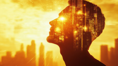 A man's profile radiates brilliance as architectural silhouettes shimmer against a golden sunset backdrop. His features blend seamlessly with the vibrant skyline, creating a captivating vision.の素材