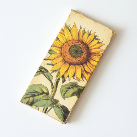 The packet showcases a striking sunflower illustration, surrounded by detailed green leaves. Perfect for gardening enthusiasts, this seed packet invites growth and beauty.の素材