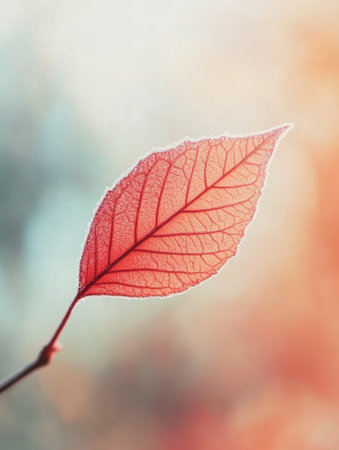 Frost edges adorn a single leaf, showing intricate details and a delicate structure. The soft winter background enhances the beauty and tranquility of the scene.の素材
