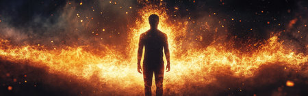 A man stands firmly as glowing flames envelop him in a mystical atmosphere. The dark backdrop enhances the fiery aura, creating a captivating visual experience of power and energy.の素材