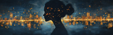 A shadowy silhouette of a woman stands against a backdrop of shimmering city lights reflecting on still water, creating an enchanting night atmosphere filled with mystery.の素材