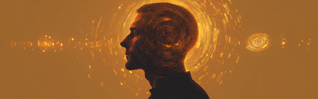 A man's profile is filled with swirling patterns of golden light, creating a mystical ambiance. The warm tones and unique design evoke a sense of wonder and introspection.の素材