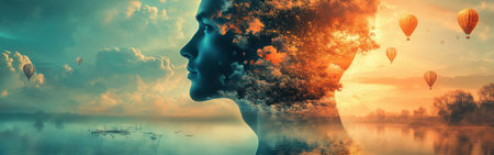 A man's profile is intricately filled with vibrant clouds and colorful hot air balloons against a tranquil lake at sunset, evoking a sense of wonder and imagination.の素材