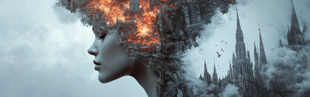 In a surreal landscape, a woman emits a soft glow as her profile merges with fiery explosions and intricate buildings. The dreamlike environment highlights contrasts of light and dark.の素材