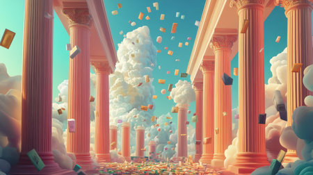 Colorful currency bills descend within a grand hall of towering columns under a cloud-filled sky, illustrating the concept of art investment entwined with wealth and creativity.の素材