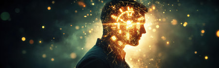 A man stands in profile, his head illuminated by radiant light and intricate patterns, symbolizing knowledge and inspiration in a dark and atmospheric setting.の素材